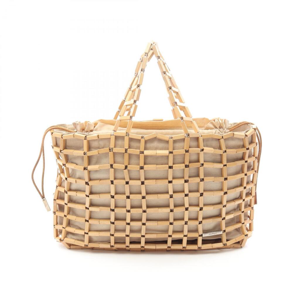 Salvatore Ferragamo Wood Mesh Drawstring Canvas Beige Tan